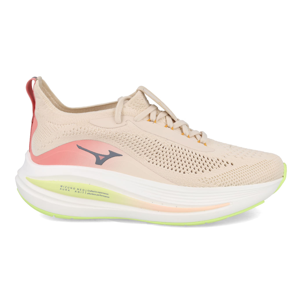 Tênis running Mizuno Neo Aura Knit feminino rosa com solado grosso e cabedal respirável mesh